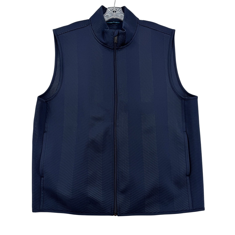 Perry Ellis Men 2X Navy Blue Textured Full Zip Mock Neck Golf Vest Casual Preppy